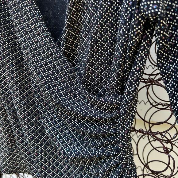 Vintage 90s Metaphor stretch glitter dark wrap front bell sleeve blouse - Picture 2 of 7